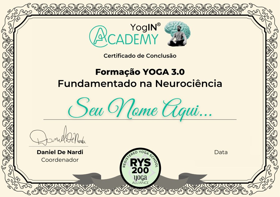 Certificado de conclusão da Formação com o selo Yoga Alliance RYS® 200